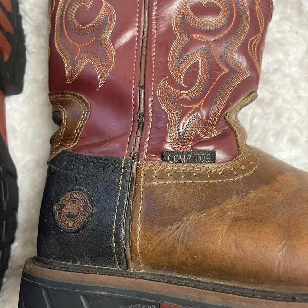 JUSTIN  leather Brown burgundy,& Black Cowboy Boots, Steel square ToeSZ9.5